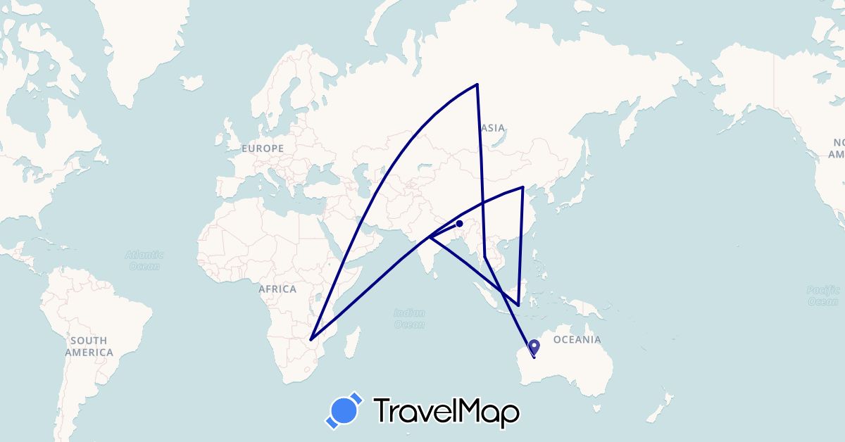 TravelMap itinerary: driving in Australia, Bhutan, China, Indonesia, India, Russia, Thailand, Zimbabwe (Africa, Asia, Europe, Oceania)